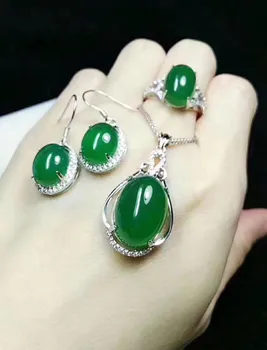 

Natural chalcedony pendant necklace s925 silver mosaic green yellow pink chalcedony suit three-piece pendant earrings ring
