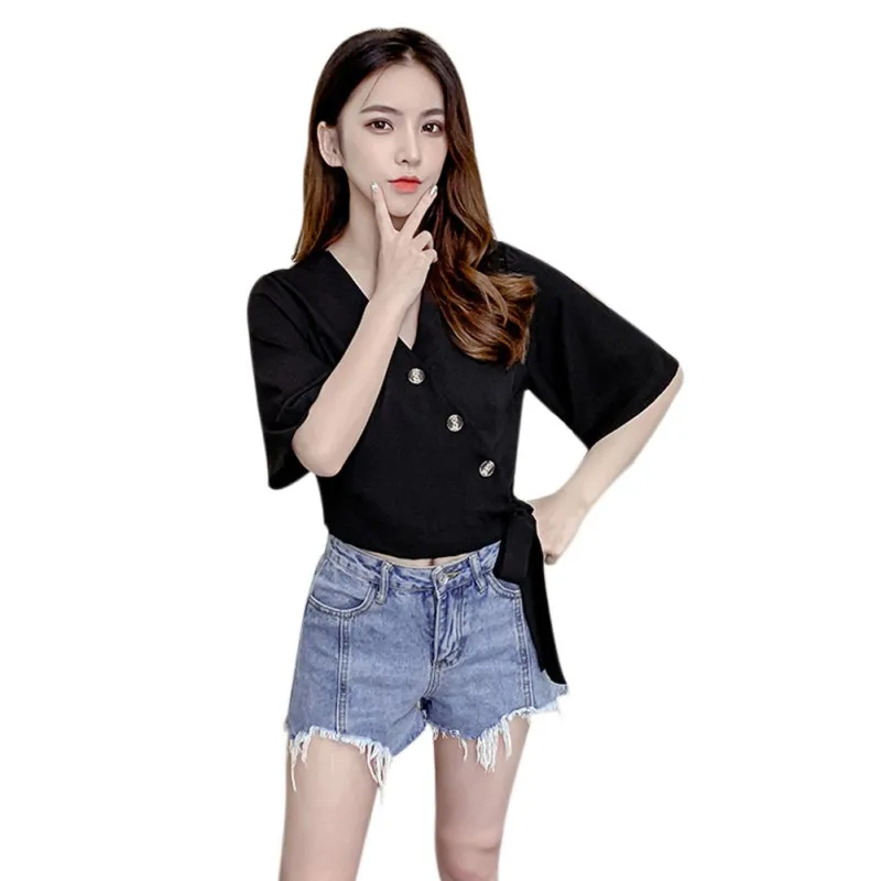 

womens tops and blouses Summer V-Neck Thin Bow Tie Middle Sleeve Chiffon Blouse Loose Casual Blouse Top