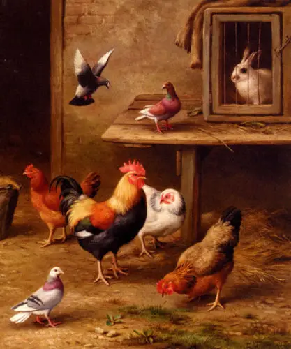 

The Outside World Cock Hen Rabbit Animal Pet Hand Painted Oil Painting On Canvas