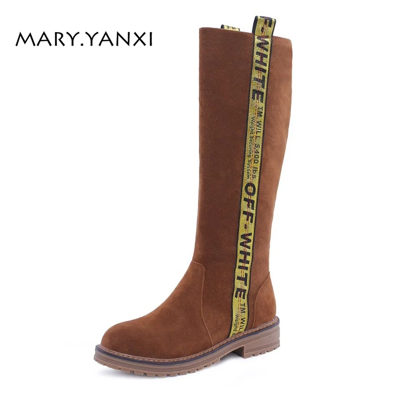 

Winter Women Big Size Shoes Long Knee-High Boots Fleeces Keep Warm Rome Flock Nubuck Zipper Zip Round Toe Med Square Heels Solid