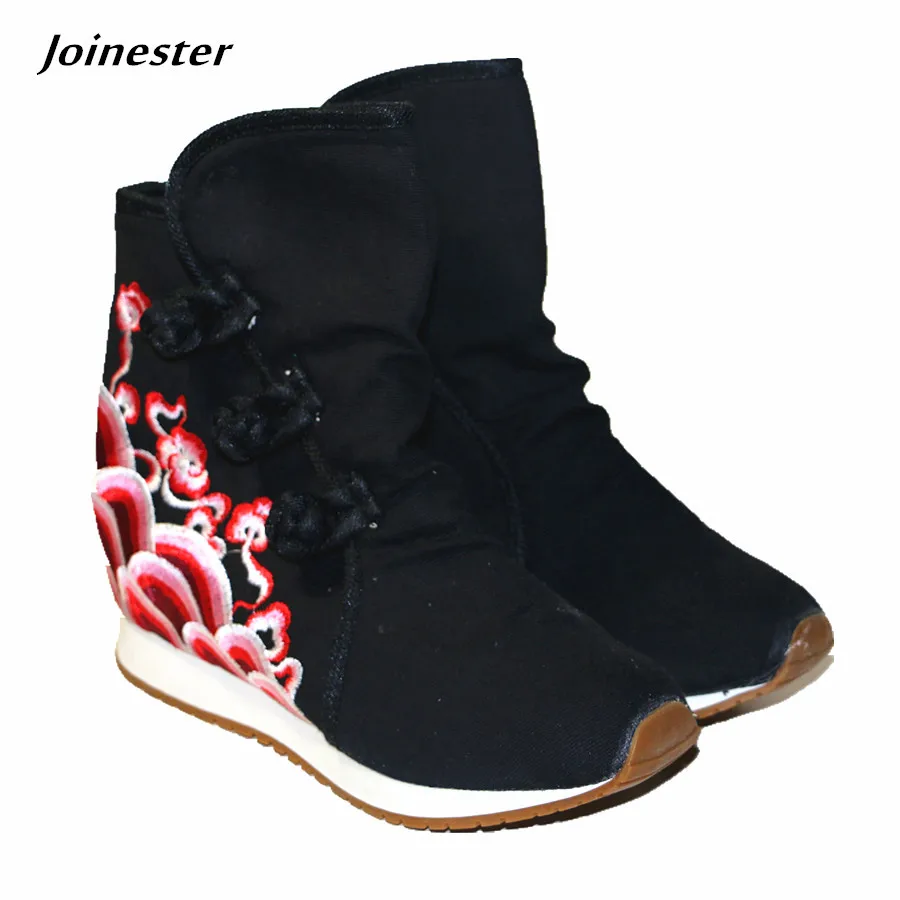 

Chinese Traditional Button Casual Ankle Boots Women's Height Increasing Cotton Fabric Fashion Shoe with Floral Embroidery