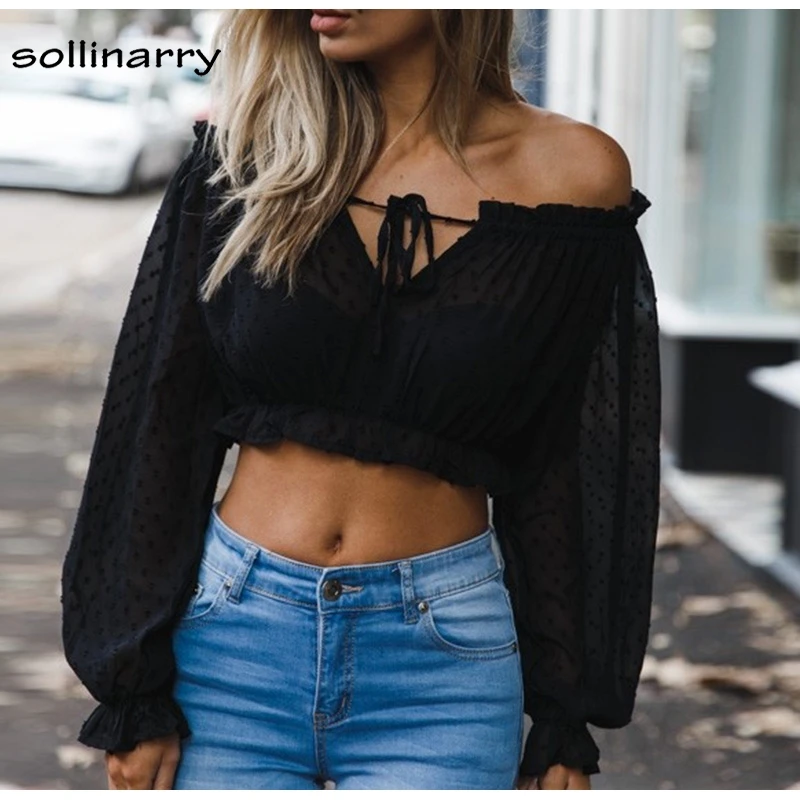 Sollinarry Off Shoulder White Women Blouse Shirt Solid Long Sleeve Short Blouse High Street See Through Club Sexy Crop Top Blouses