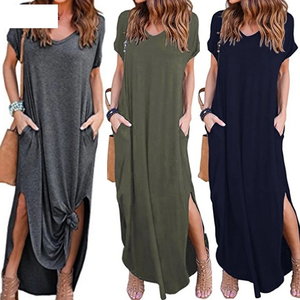 

Womens Loose Summer Beach Gallus Short Sleeves Floor-Length Long Dress G3