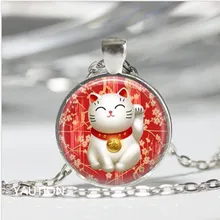 1 pièces rouge Maneki Neko chanceux chat verre Cabochon Tibet argent pendentif chaîne collier(China)