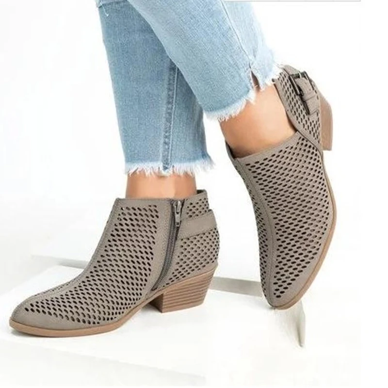 

Women Spring Autumn Ankle Boots Hollow Platform Short Shoes Round Toe Comfortable Solid Leather Black Ankle Boots Plus 43 WF54