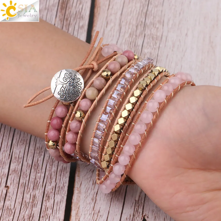 CSJA Natural Stone Bracelet Pink Quartz Leather Wrap Bracelets for Women Rose Gems Crystal Beads Bohemia Jewelry 5 Strand S308 - Image 3