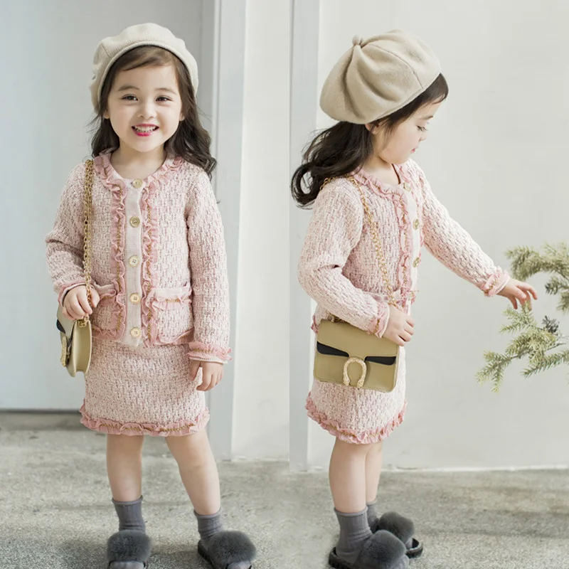 

Fashion Kids Clothing Sets For Baby Girls Jackets Coat + Knitted Skirts 2pcs 2018 Autumn Winter Children Outfits Sets