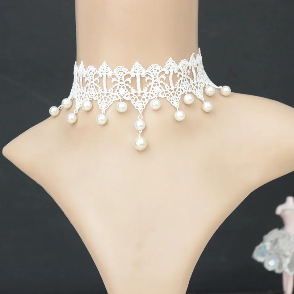 Gothic fairy pure beauty pearl white lace bridal gown necklace false