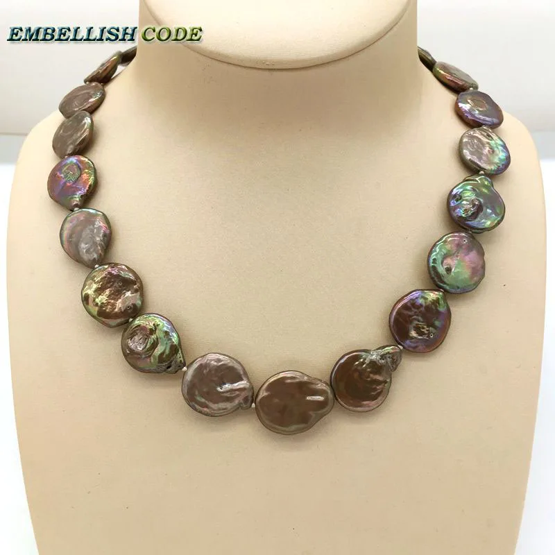

baroque pearl choker statement necklace brown coffee color round coin flat shape natural freshwater pearls fold face Orange peel