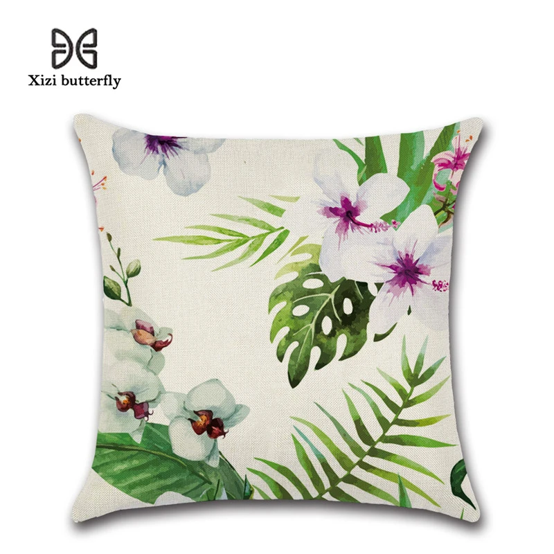 Set of 4 Tropical Cotton and Linen Plants Bedspread Pillowcase Square House Sofa Pillow Cover 45 x 45 cm Freeas Cushion Cover A 