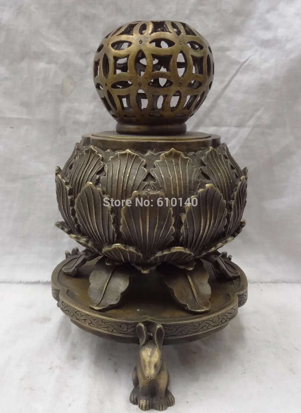 

10" Chinese Pure Bronze Rabbit Statue Lotus Flower Ball Incense Burner Censer