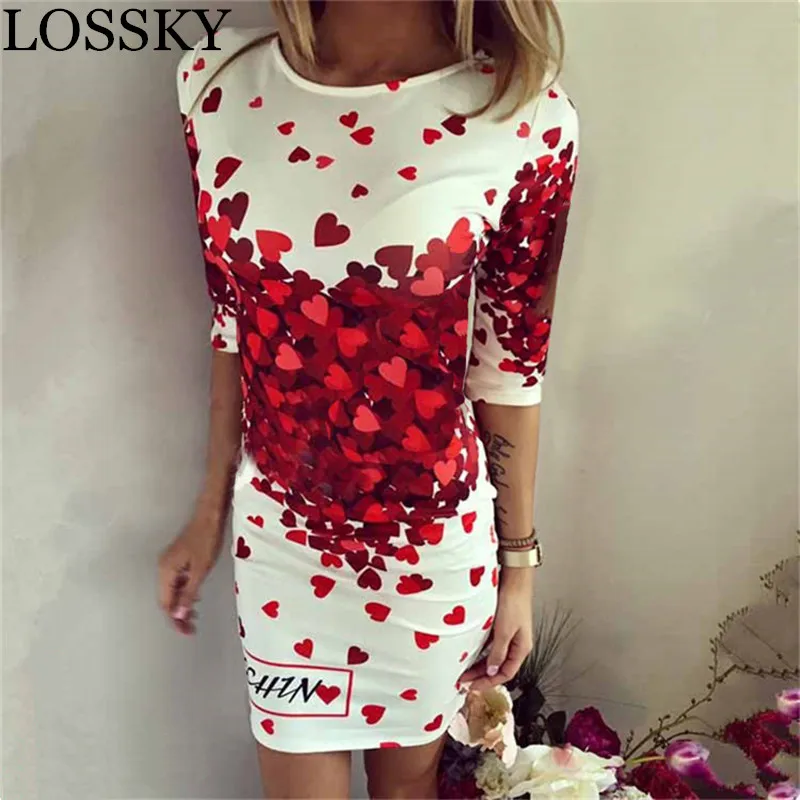 

Sexy Heart Floral Print Package Hip Bodycon Mini Dress Casual O Neck Half Sleeve Women's Summer Slim Elegant Dress Party Dress