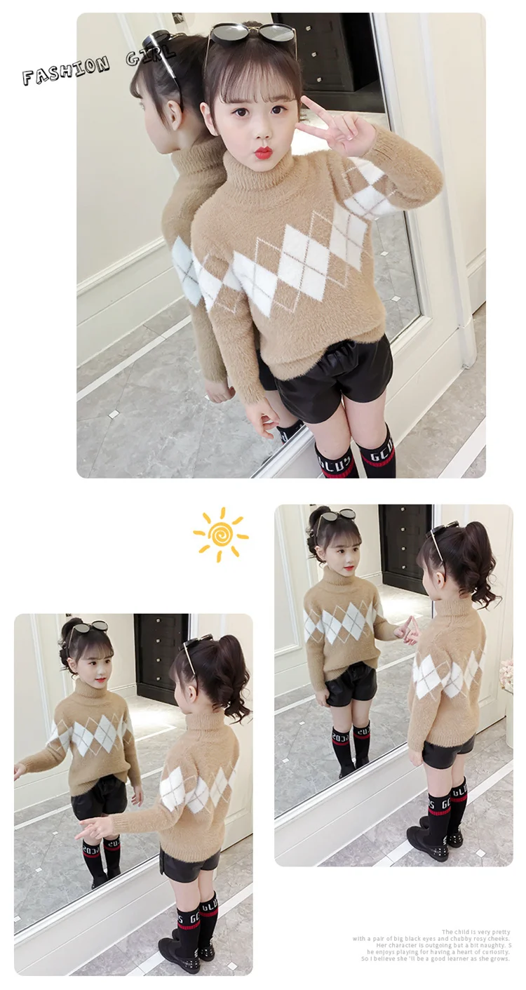 Fashion Autumn Winter Baby Girl Knitted Velvet Sweaters Casual Children Clothes Long Sleeve Turtleneck Thick Sweater 4-15Y