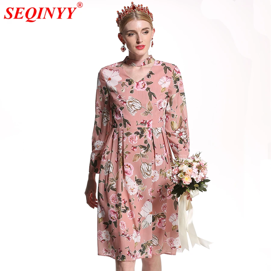 

SEQINYY Runway Dress 2018 New Fashion High Quality Women's Summer Spring Flowers Printed Wrist Sleeve A-line Mini Pink Dress