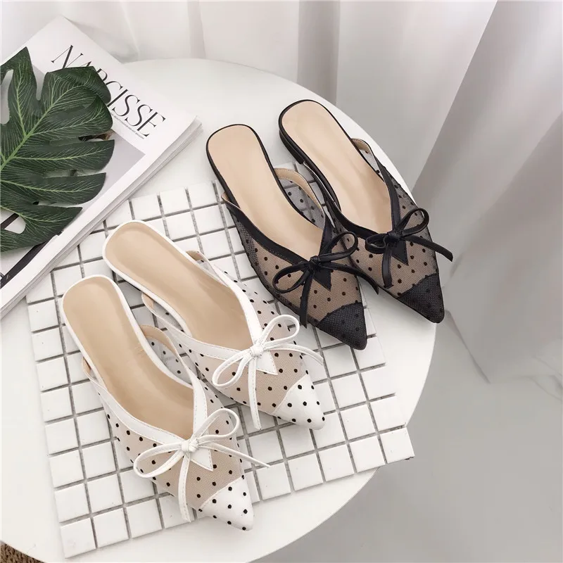 

Mules Woman Shoes bow knot low heels Slippers fashion polka dot pointed toe Slides hollow Slip on loafers sandals white black