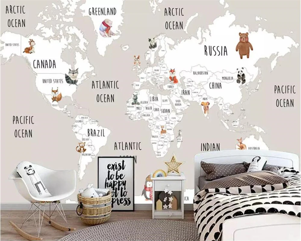 

beibehang Custom 3D wallpaper photo fashion cartoon world map children's room bedroom mural background wall decoration painting