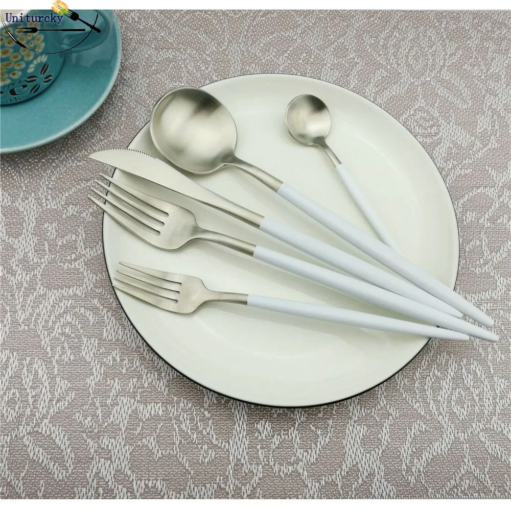 10 unids/lote Portugal cubertería con estilo 304 vajilla de acero inoxidable vajilla mango blanco Plata Superior cuchillo tenedor cucharilla|Juegos de vajilla| - AliExpress