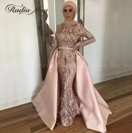 Same as picture Розовое золото с пайетками Русалка мусульманские Вечерние платья со съемным шлейфом с длинными рукавами арабский розовый Дубай вечерние платья для выпускного вечера - Цвет: Same as picture