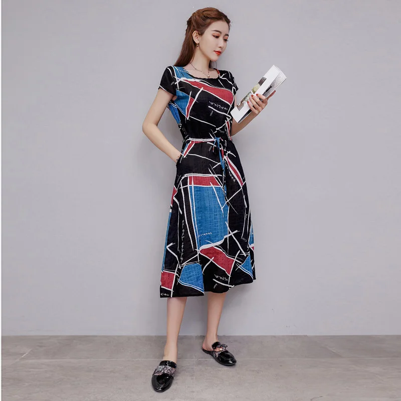 

2019 Cotton Linen Summer Dress Women Loose Plus Size Casual Print Dresses OL Work Wear Vintage Print Beach Sundress vestidos 4XL