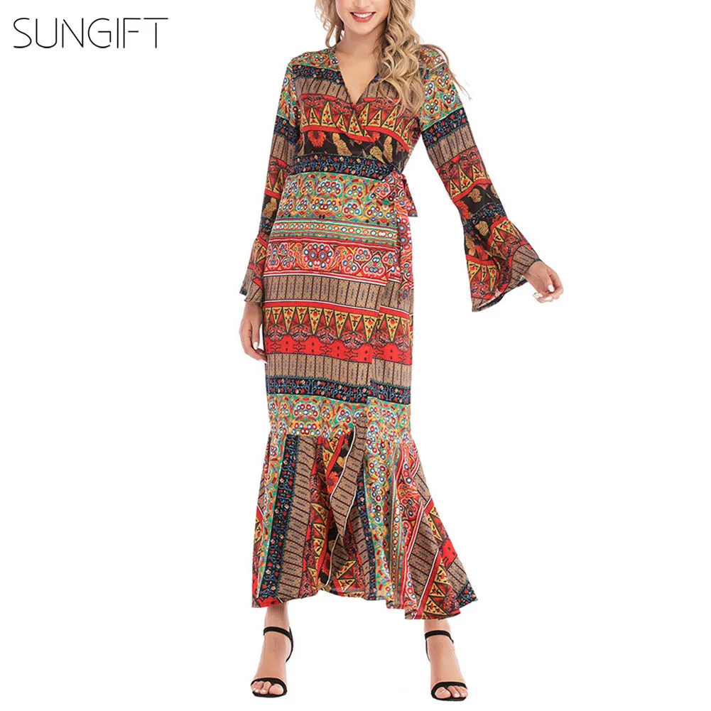 Женское платье в африканском стиле SUNGIFT летнее макси с оборками и расклешенными