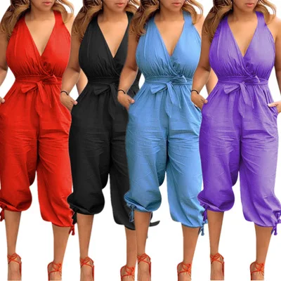 

Women Summer Jumpsuits and Rompers Sexy V-neck Halter Bandage Playsuits Plus Size Loose Bodysuits