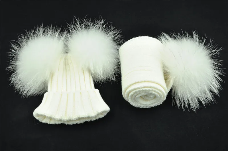 Bonnet et Écharpe Double Pom Pom de fourrure, Bonnets Enfants d