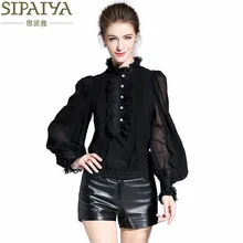 SIPAIYA 2017 Luxury Silk Blouse Shirt Female Long-Sleeve Basic Shirt Elegant Ruffles OL Formal Blouse for Office Ladies