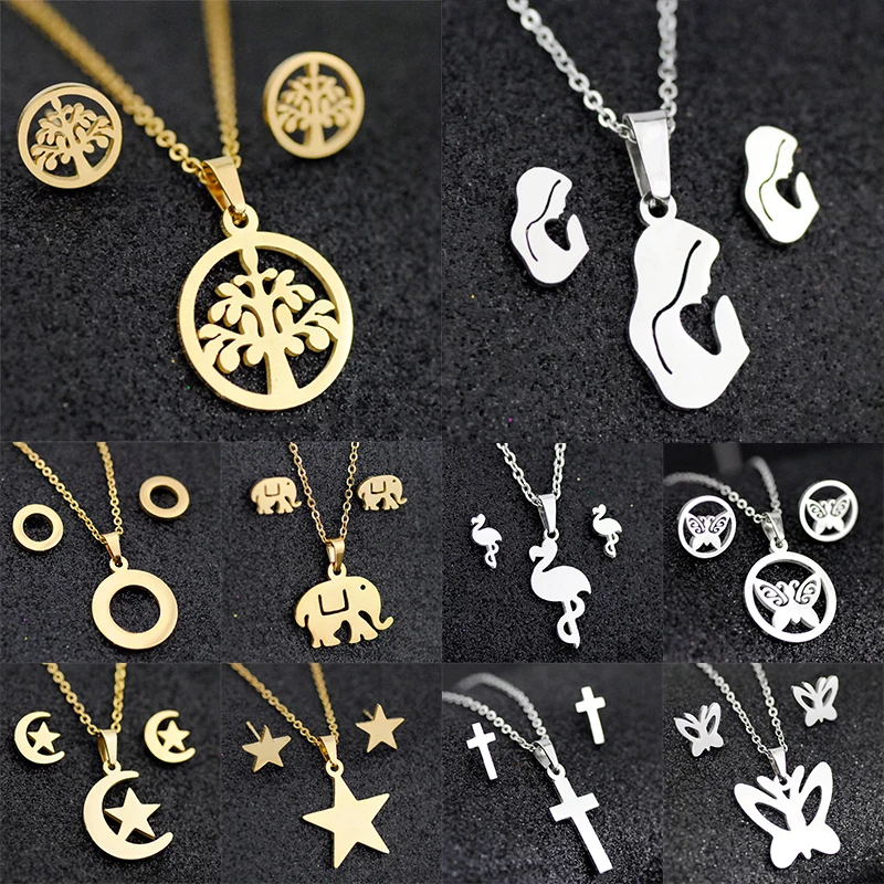 

Butterfly Stainless Steel Jewelry Sets Necklace 1Set Stud Earring Pendant Necklace Animal Silvery Gifts Golden Cute Women