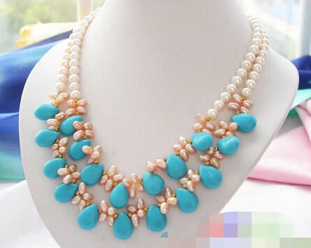 

845 white pink round cultured PEARL turquoise NECKLACE