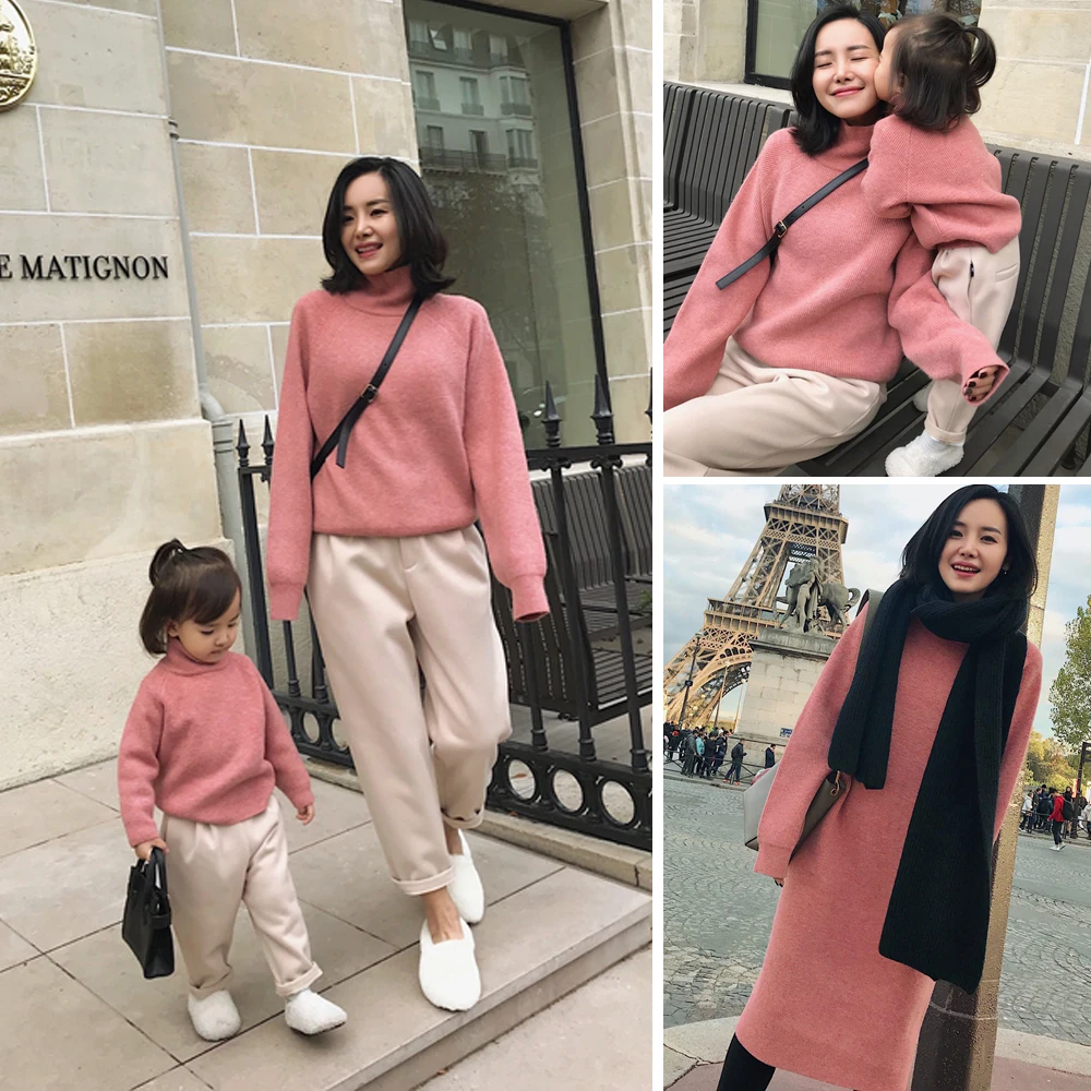 

Family Matching Clothes Mother Daughter Pink Dress Father Son Sweater Long Sleeve Jumper Solid Sweatshirt Turtle Neck Top