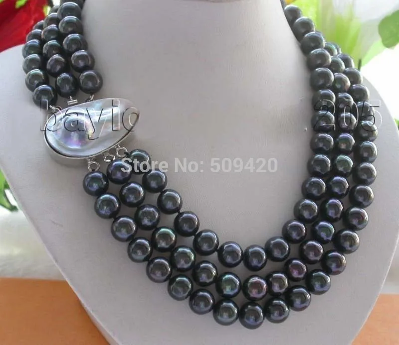 

~~ TU67 W&O653 17-19" 3rows Genuine Natural 11mm Black pearl Necklace mabe pearl clasp