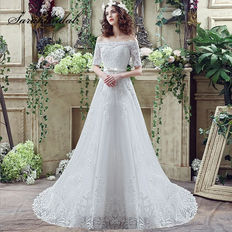 Elegant Half Sleeve Long Wedding Dresses with Lace