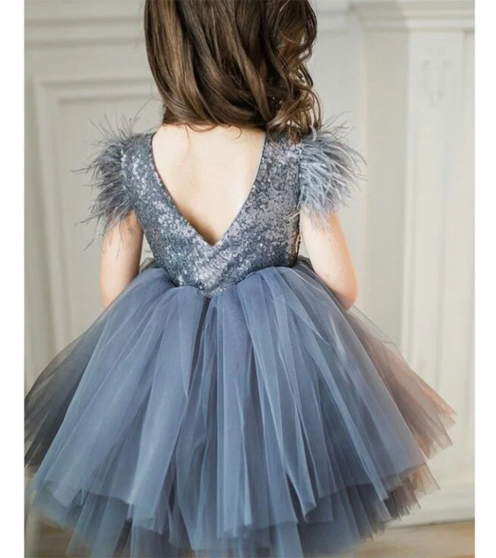 

Little Girls Sequin Tulle Mesh Vest Dresses Children's Sleeveless Backless Evening Party Pettiskirt Shoulder Feathers Decorativ