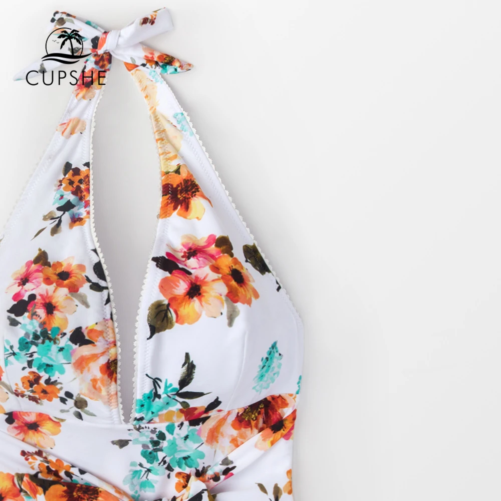 Kaufen CUPSHE Krawatte Taille Blumen One piece Badeanzug Frauen Sexy Backless Halter Monokini Bademode 2020 Mädchen Strand Badeanzüge