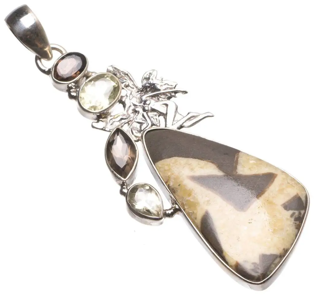 

Natural Dragon Septarian,Citrine Smoky Quartz Handmade Indian 925 Sterling Silver Pendant 2 3/4" U0082
