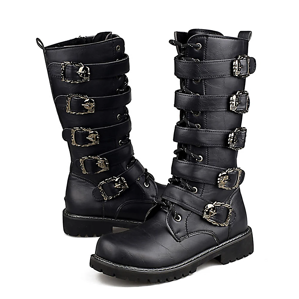

Motorcycle Boots Men Motocross Boots Motorcycle Shoes PU Leather Rock Mid-calf Buckle Motorbike Boots Punk Martin Boots Black