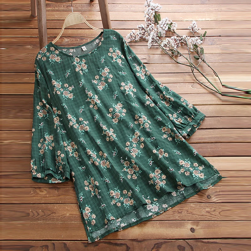 Hot Sale Beautiful Women Blouse Baggy Floral 3/4 Sleeve Shirt Ladies Summer Casual Street Daily Loose Tunic Tops Crew Neck S-5XL