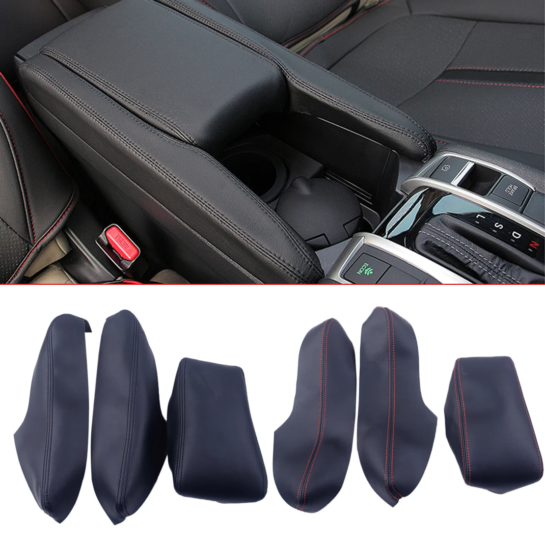 

DWCX 3pcs/set PU Leather Car Interior Center Console Armrest Cover Trim Door Panels Fit for Honda Civic 2016 2017