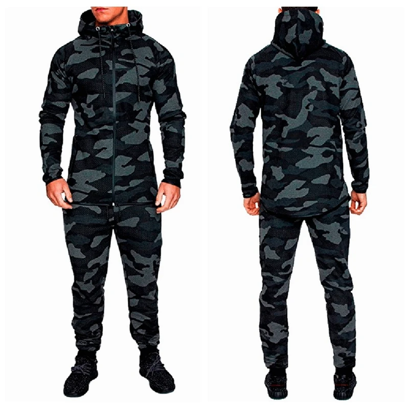 

CALOFE Autumn Men Printed Hoodies Pullover Pants Sportwear 2018 Suit Male Camouflage Tops Trousers 2Pcs Sports Set