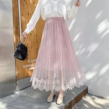 1529 Женская сетчатая юбка прозрачное кружево летние резинка на талии цветочные в горошек черные цвета хаки розовые тюлевые юбки женские