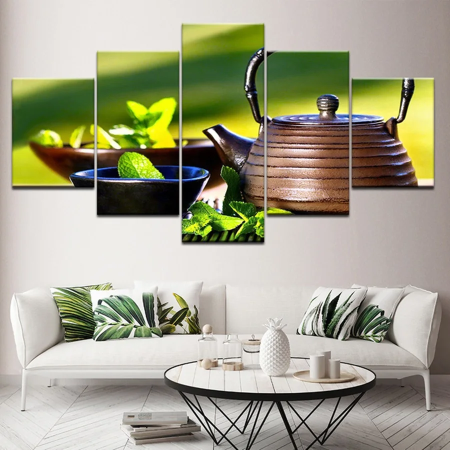

Canvas Wall Art Pictures Modular Frame 5 Pieces China Pot And Green Tea Leaf Painting Modular HD Prints Poster Living Room Decor