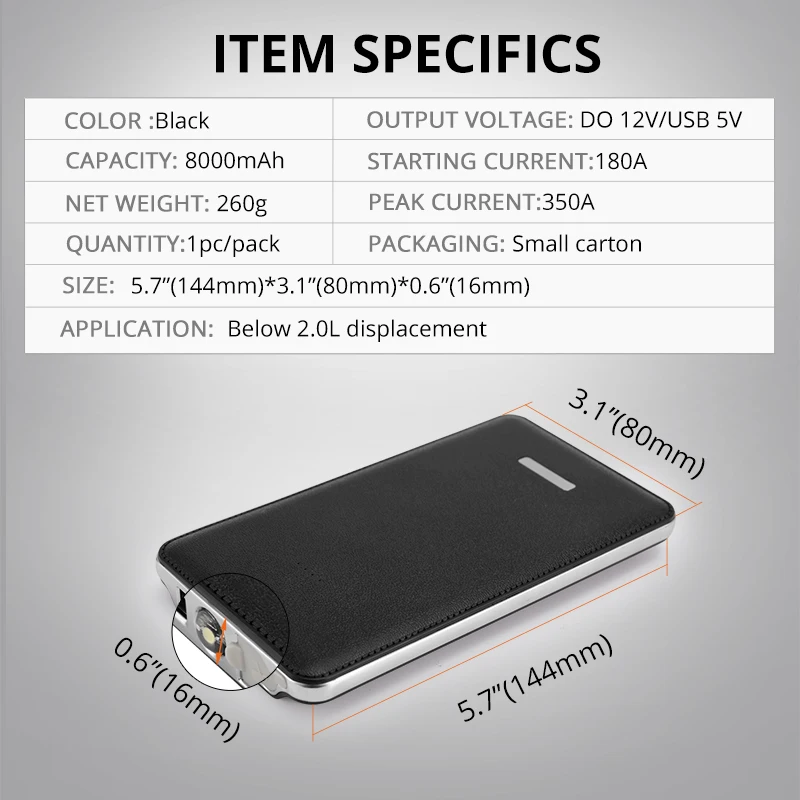Partol Mini Portable Multifunction Charging Jump Starter Booster 12V 8000MAH Auto Engine Power For Mobile Phones Laptops Cars