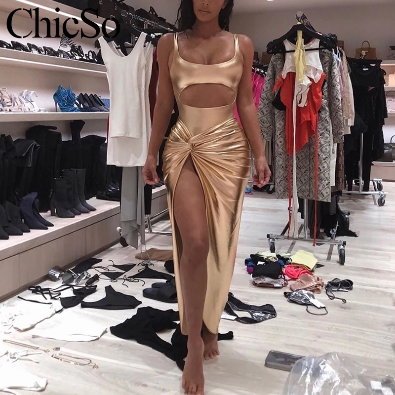 

MissyChilli Bronze hollow out split sexy long dress Women gold slim bodycon party dress Summer club elegant silver dress robe