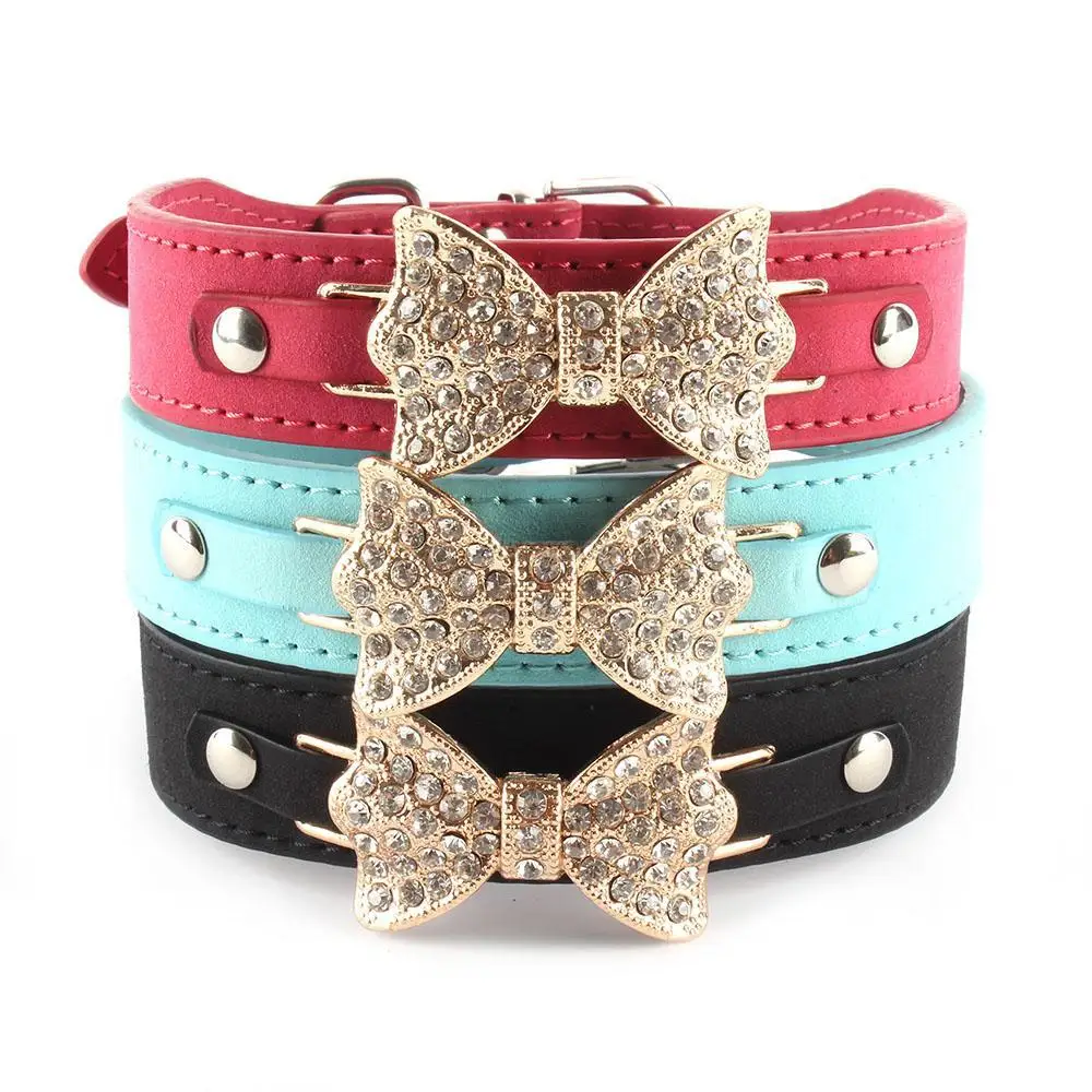 New PU Leather Dog Bling Crystal Bow Collar Lovely Pet Puppy Choker