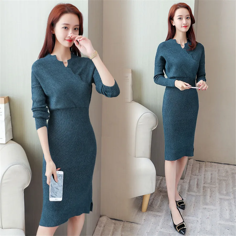 

2018 Autumn Winter New arrival Women Long Sleeve Knit Sweater Dress sexy Deep v-neck Slim bodycon Lady warm cashmere long dress