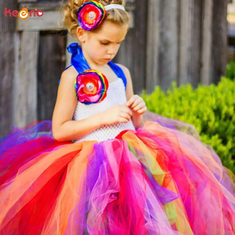 Rainbow Flower Girl Tutu Dress with Removeable Sash Satin Singed Flower for Colorful themed Weddings Halloween Party Costume (1)