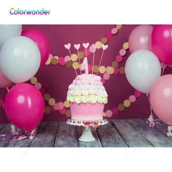 

Kids Photography Background Pink Cake with Candles Pink Wall with Wooden Floor Balloons Backdrops for Princess 1st Birthday Prop