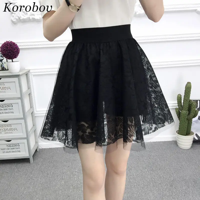Korobov Lace Gauze Skirts Summer Mini A Line Skirt High Waist Elegant ...