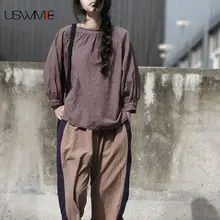 USWMIE/ летние женские топы, новые винтажные простые Джокер с круглым вырезом, одноцветные, с длинными рукавами, свободные, мягкая игрушка, футболка