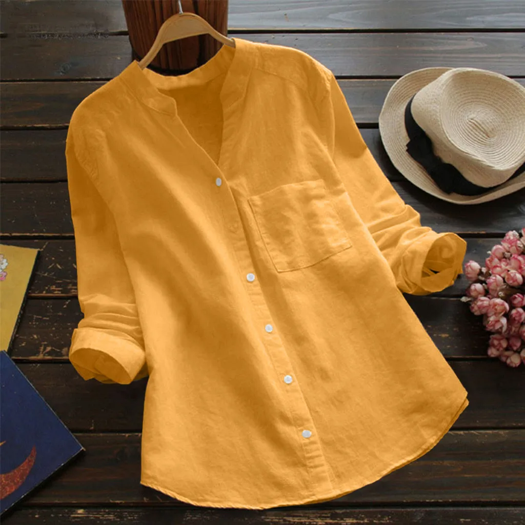 

Plus Size Women Cotton Linen Blouse Solid V Neck Long Sleeve Buttons Pockets Autumn Feminina Blusas Summer Loose Shirt#5%